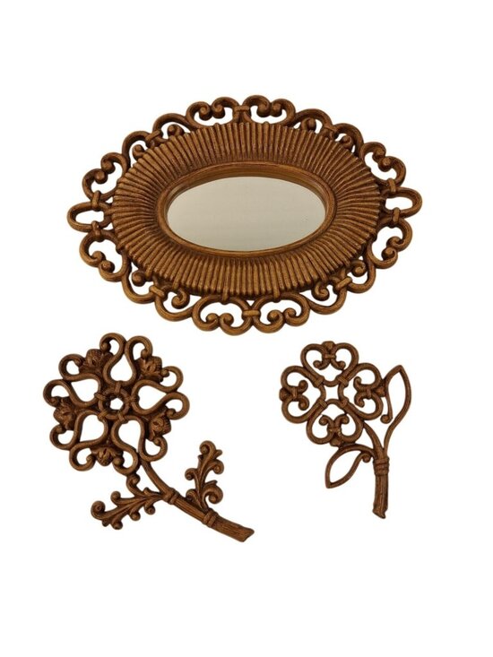 Homco Other - VTG 70's Homco Ornate Wall Mirror & Floral Décor Set Filigree Design Resin Decor